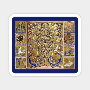 MEDIEVAL BESTIARY,TREE OF LIFE ,BIRDS,DRAGONS FANTASTIC ANIMALS IN GOLD RED BLUE COLORS Magnet