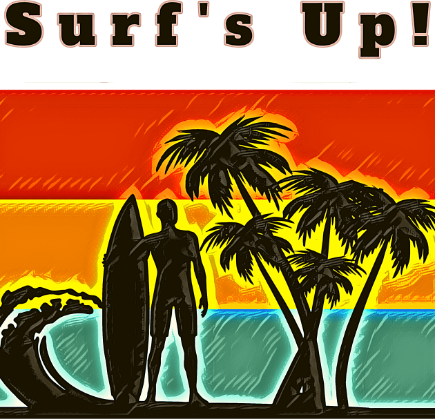 Surf's Up! (surfer, surfboard, palmtrees, waves, sunset) Kids T-Shirt by PersianFMts