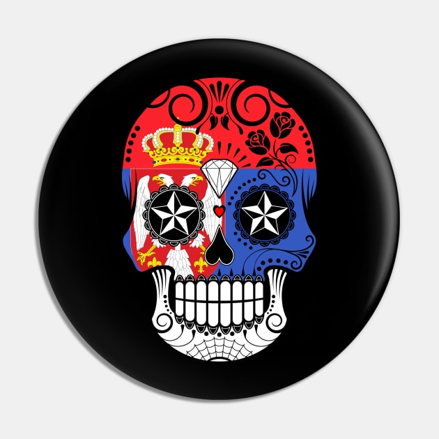 Serbian Flag Sugar Skull with Roses Pin by jeffbartels