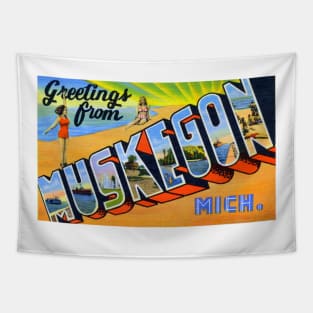 Greetings from Muskegon Michigan - Vintage Large Letter Postcard Tapestry