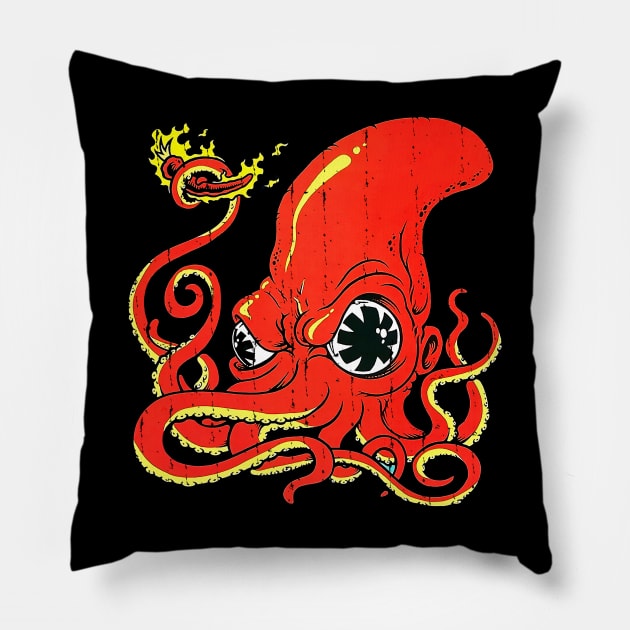 Red Hot Chili Octopus Vintage Pillow by Ilustra Zee Art