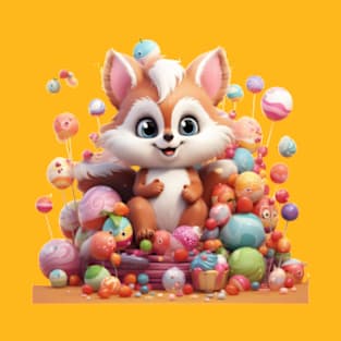 Sweet Fox on Candy Pile: Colorful Cartoon for Kids T-Shirt