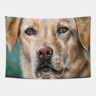 Painting of a Gorgeous Blond Labrador on Light Green Background Tapestry