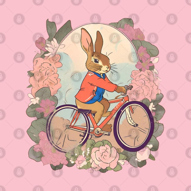 Cycling Enthusiast Cycler of Rabbit in Vintage Flowers Adventure by wigobun