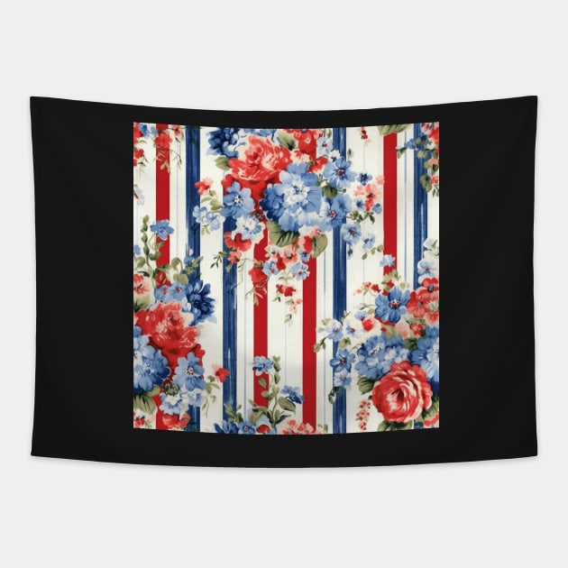 Red White and Blue Patriotic Shabby Floral Tapestry by VintageFlorals