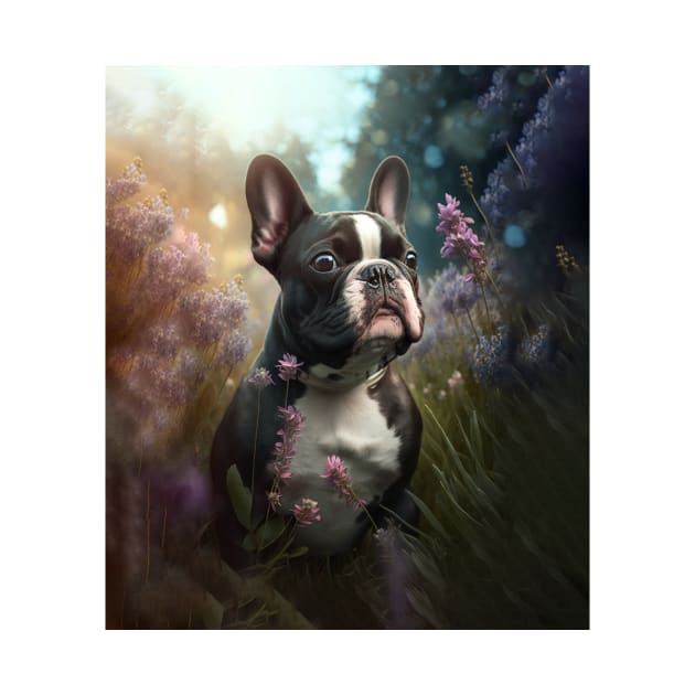 Pied French Bulldog in a Flower Garden by candiscamera