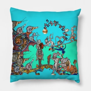 WEIRD MEDIEVAL BESTIARY WAR, KNIGHTS AND KILLER RABBITS FIGHTING WITH GIANT SNAILS Teal Blue Green Pillow