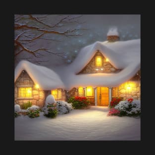 Magical Fantasy Cottage with Lights In A Snowy Scene, Scenery Nature T-Shirt