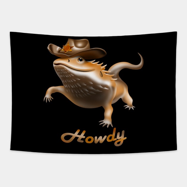 Bearded dragon wearing a cowboy hat, saying howdy cartoon Tapestry by AdishPr