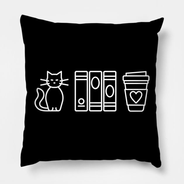 Cats, Books, & Coffee (White Print) Pillow by CrazyShirtLady