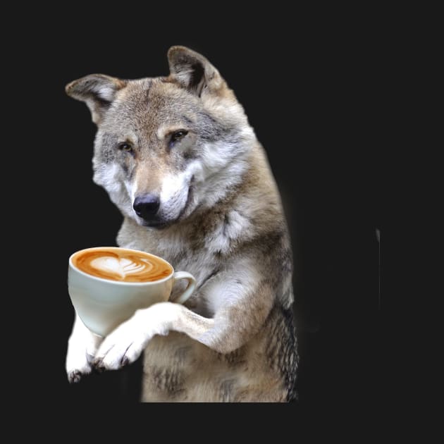 Brown Wolf Wolves Drinking Coffee Smiling, Funny Cute by Random Galaxy