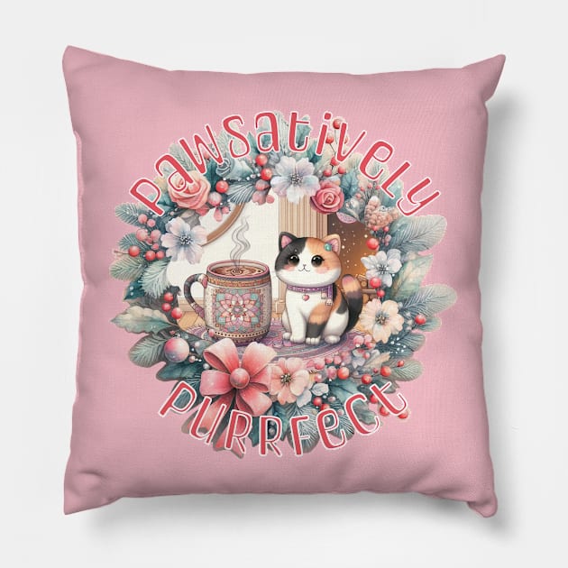 Meowy Catmas Wreath Pawsatively Purrfect 1C3 Pillow by catsloveart