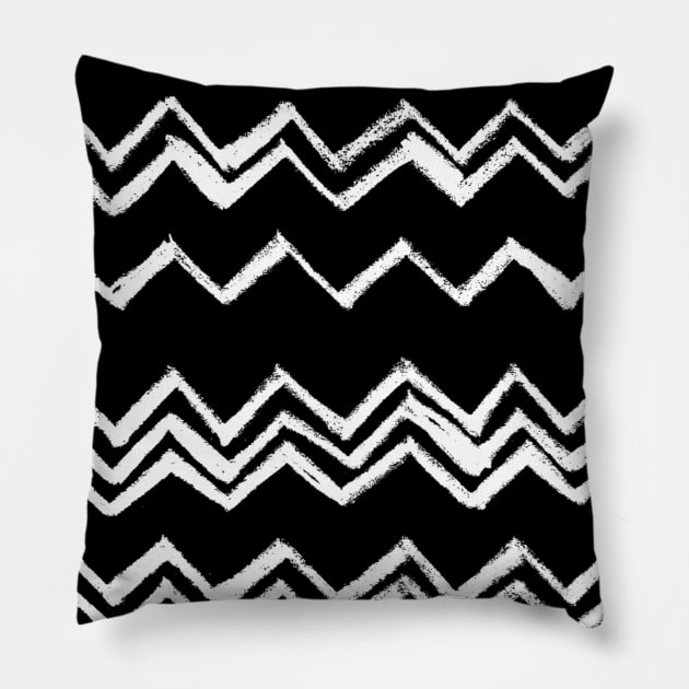 Minimal Zigzag Chevron Pattern White on Black Pillow by badlydrawnbabe