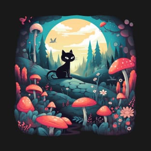 Mushroom Fairy Black Cat Landscape T-Shirt