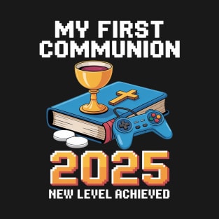 Kids My First Communion 2025 Boys Girls Retro Gamer Pixel Faith T-Shirt