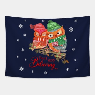 Don't stop believing christmas owls in watercolor Tapestry