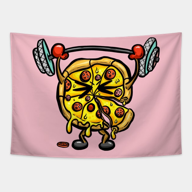 Exercise Weight Lifting Pizza Cartoon Mascot Tapestry by Squeeb Creative