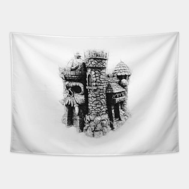 Castle Grayskull Pencil Sketch Tapestry by Blind Man Studio