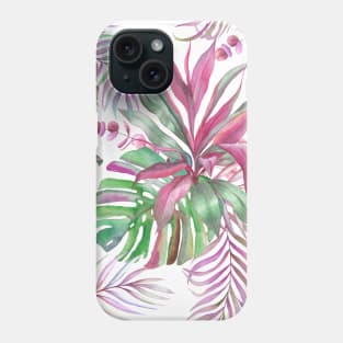 Tropical colorful watercolor leaves composition. Exotic Monstera, cordyline, eucalyptus leaves summer print Phone Case