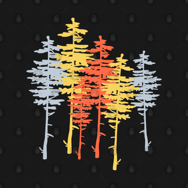 Red, Yellow, Blue Pine Tree Silhouettes by faiiryliite