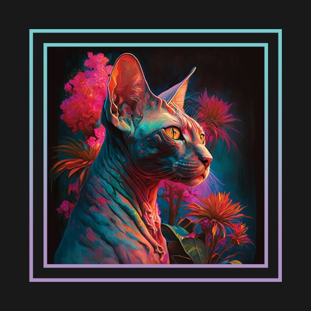 Sweet Sphynx Cat Vibrant Tropical Flower Digital Oil Painting Portrait by ArtHouseFlunky