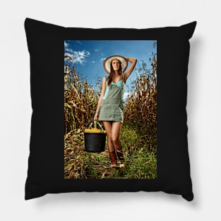 Woman farmer carrying a bucket of corn cobs Pillow