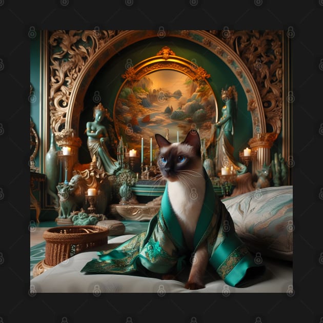 Siamese Cat in Green Silk Robe by OddPop