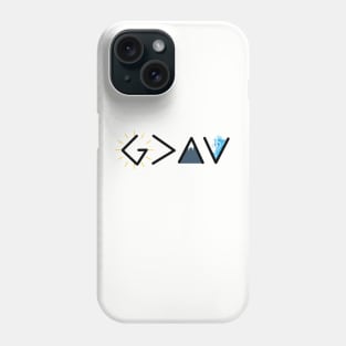 God is greater than the highs and the lows from Romans 8:28, black text Phone Case