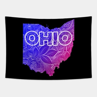 Colorful mandala art map of Ohio with text in blue and violet Tapestry