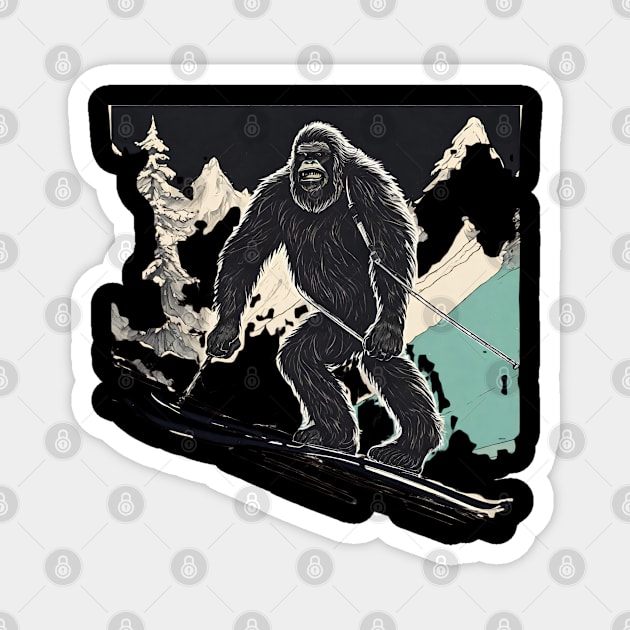 Grunge Bigfoot Funny Skiing Dad Truck Camper Vintage Skiing Mountain Magnet by DaysuCollege