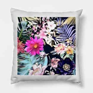 tropical flowers and leaves blue green pink purple Pillow