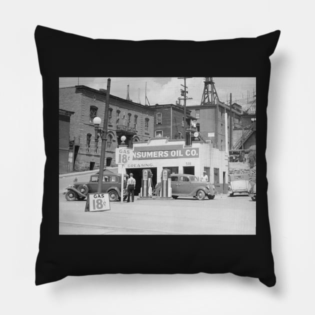 Gas Station in Montana, 1939. Vintage Photo Pillow by historyphoto