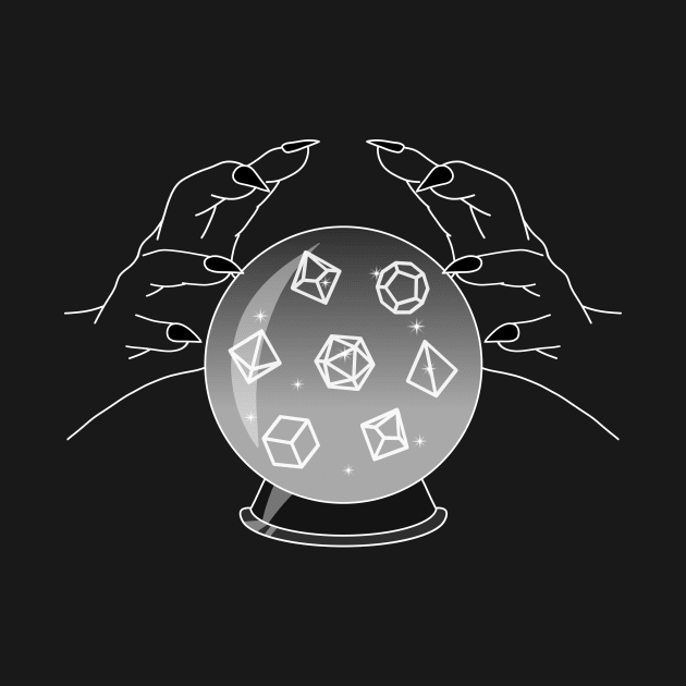 Roll for Your Fate - Polyhedral Dice Crystal Ball Monochrome White Line Art by GenAumonier