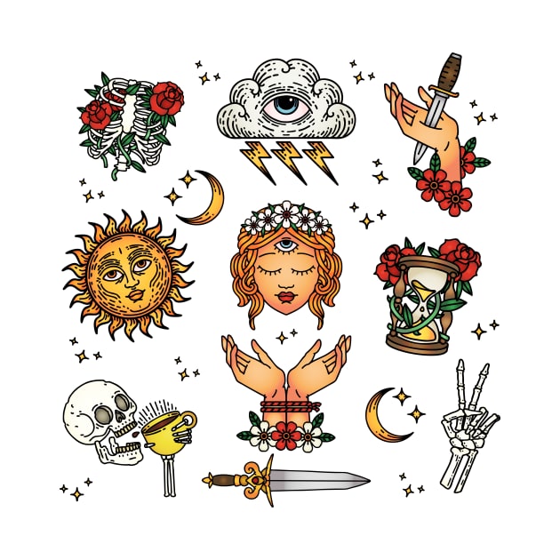 Occult Traditional Tattoo Flash Sheet Design by OctoberArts