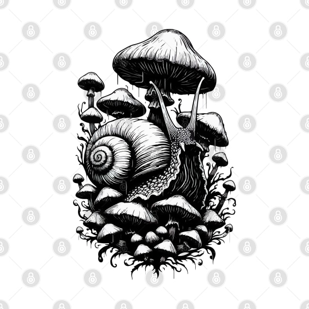 Monochromatic Snail Overgrown Mushrooms Garden by TomFrontierArt