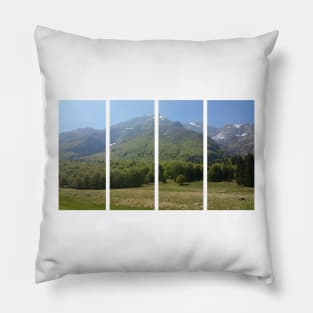 A static shot from the surroundings of Castaldia di Piancavallo with alps in background and a little mist. Beautiful nature in a spring sunny day; no people around Pillow