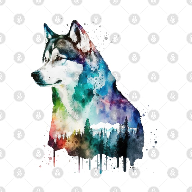 Rainbow Forest Siberian Husky Watercolor Art by doglovershirts