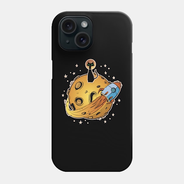 Cat in Space - Funny Space Cat with Rocket and Moon Graphic Phone Case by Graphic Duster