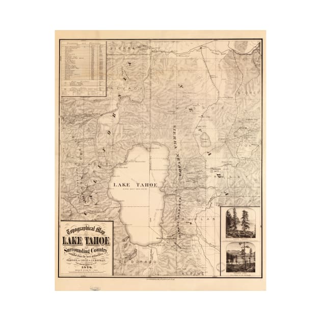 Vintage Map of Lake Tahoe Calfornia (1874) by Bravuramedia