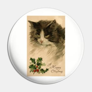 Beautiful cat with Holly wishing a happy Christmas Pin