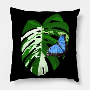 Blue Morpho Butterfly on a Monstera Albo Leaf Pillow