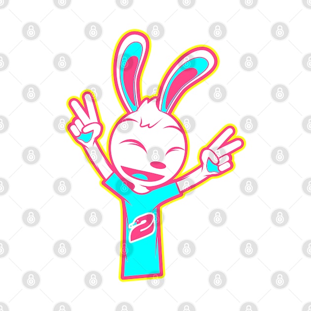 Happy Rabbit With Two Raised Peace Hand Signs by MOULE