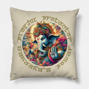 Playful Protector: Ganesha's Power in Colorful Circle - Blue, Yellow, Green, Red, Orange, Purple, White, Black Pillow