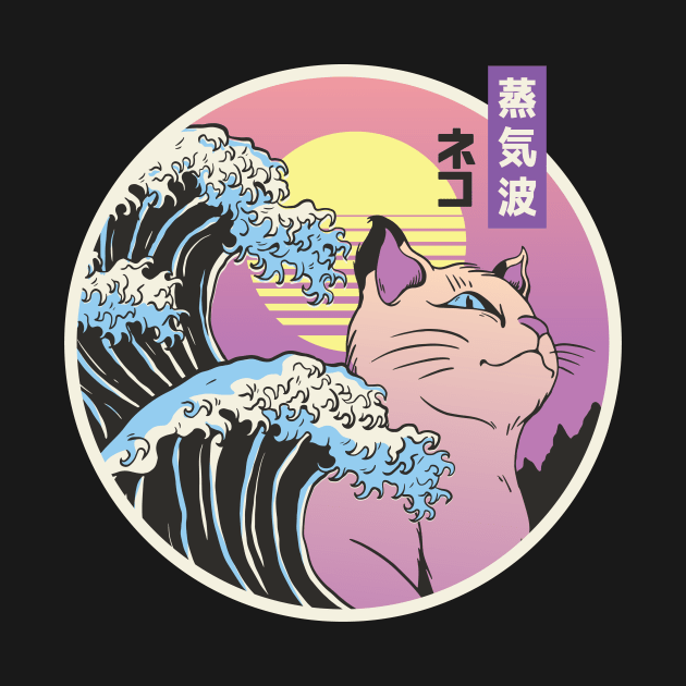 Japanese Cat Great wave off ,Kanagawa shirt, Vaporwave ,pastel Japanese Aesthetic Unisex Anime Kawaii Synthwave by Anonic