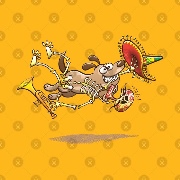 Mischievous dog stealing a tasty Mexican skeleton complete with big hat and trumpet by zooco