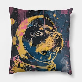 Vintage and vivid rottweiler dog astronaut portrait Pillow