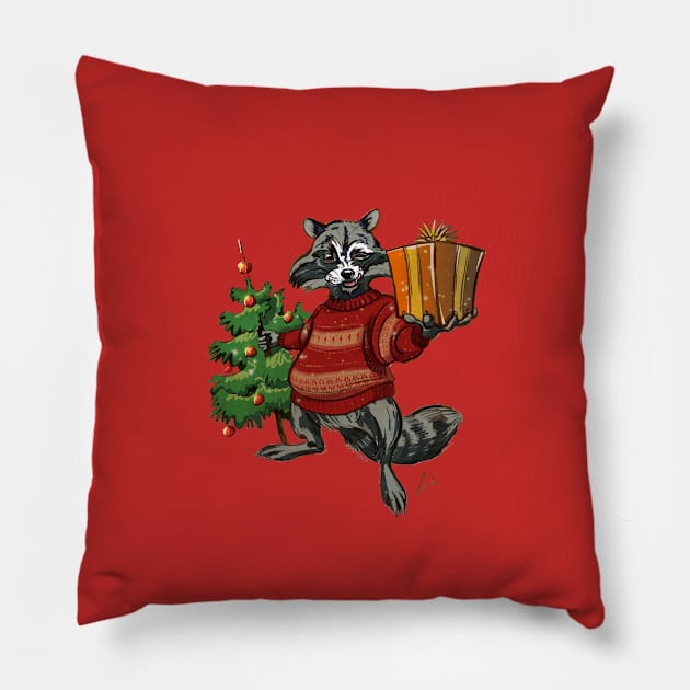 Funny Racoon Christmas Pillow by SakalDesign