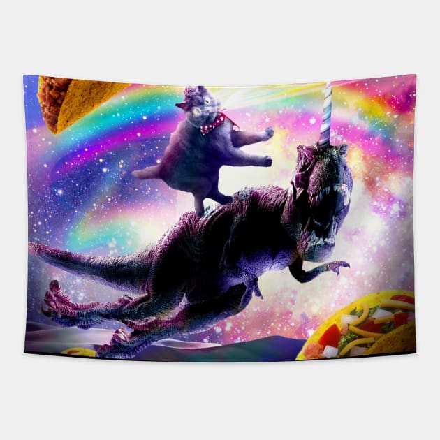 Laser Space Cat On Rainbow Dinosaur Unicorn - Taco Tapestry by Random Galaxy