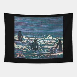 "Surfers" from a 6 colour original reduction linocut by Geoff Hargraves Tapestry