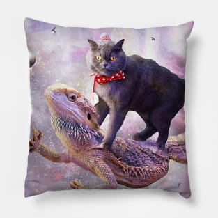 Space Cat Riding Bearded Dragon Lizard Pillow